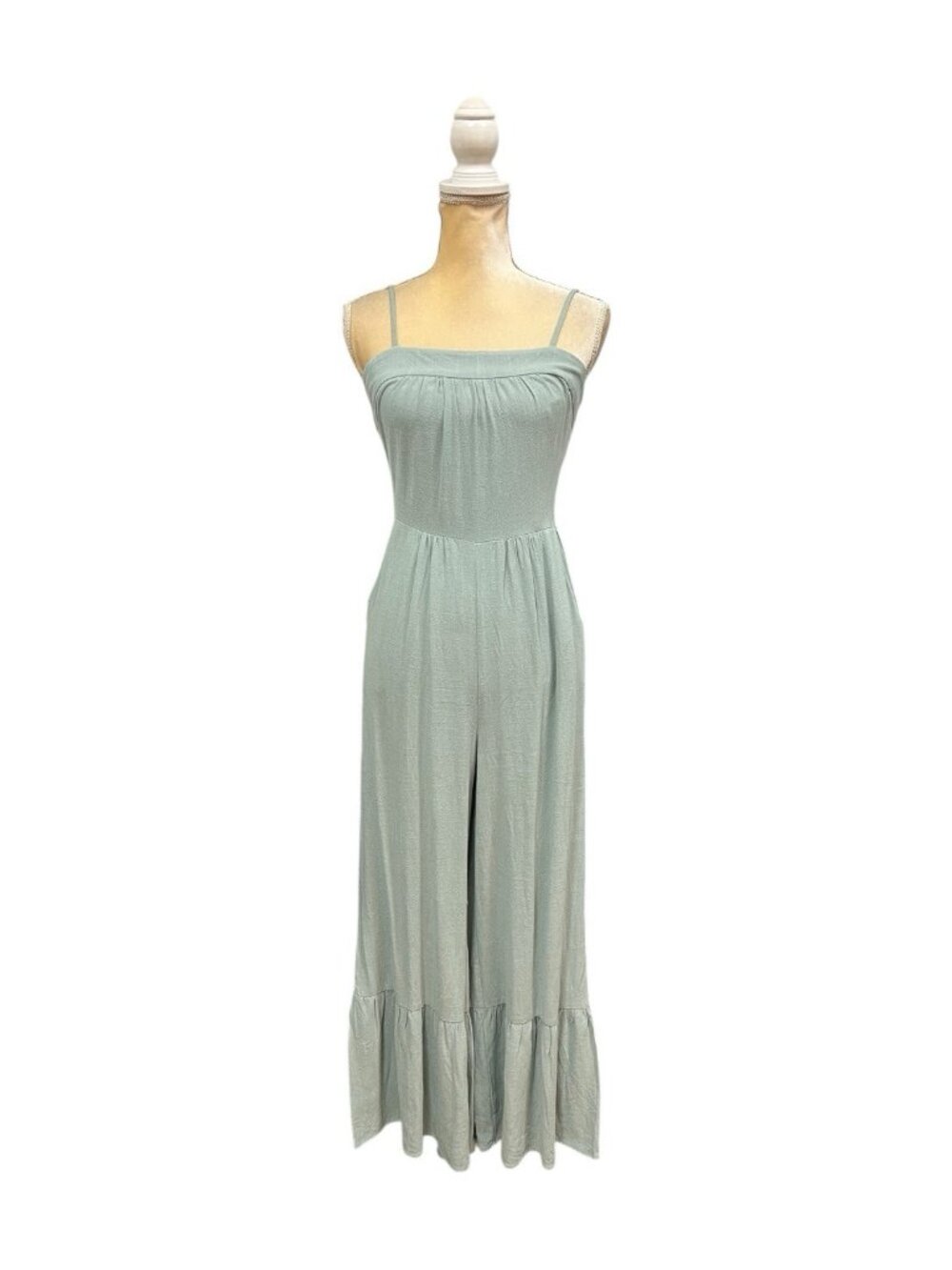 Very J Sage Green Olivia Ruffle Jumpsuit Size S Small Wide Leg